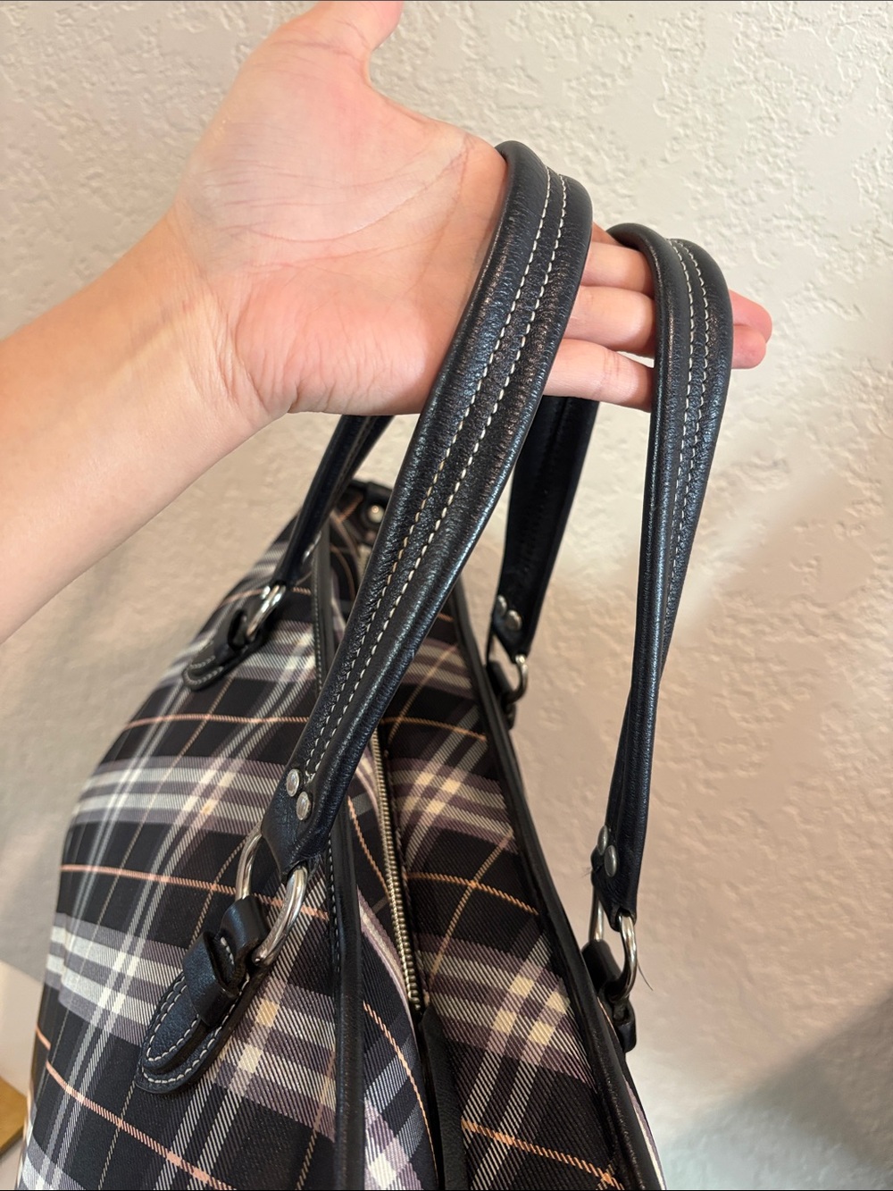 Burberry Black Plaid Tote Canvas Bag with Leather Handles - Picture 5 of 16